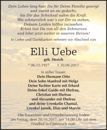 Traueranzeige von Elli Uebe von WVG - Wochenspiegel Bitterfeld