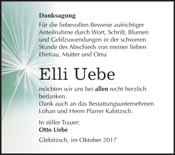 Traueranzeige von Elli Uebe von Mitteldeutsche Zeitung Bitterfeld