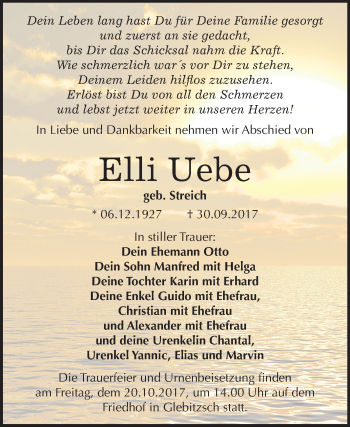 Traueranzeige von Elli Uebe von Mitteldeutsche Zeitung Bitterfeld