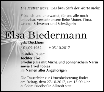 Traueranzeige von Elsa Biedermann von Mitteldeutsche Zeitung Sangerhausen