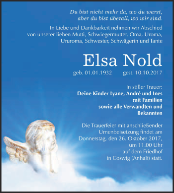 Traueranzeige von Elsa Nold von Super Sonntag Wittenberg