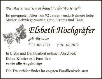 Traueranzeige von Elsbeth Hochgräfer von WVG - Wochenspiegel SGH
