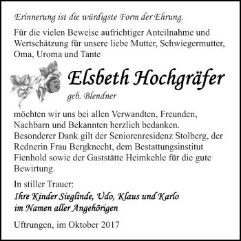 Traueranzeige von Elsbeth Hochgräfer von Super Sonntag SGH Mansf. Land