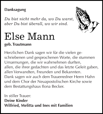 Traueranzeige von Else Mann von Super Sonntag SGH Mansf. Land