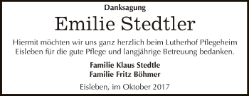 Traueranzeige von Emilie Stedtler von Wochenspiegel Mansfelder Land