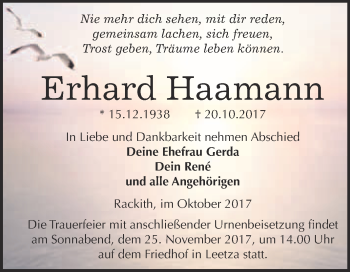 Traueranzeige von Erhard Haamann von WVG - Wochenspiegel Wittenberg