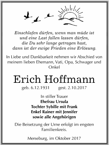 Traueranzeige von Erich Hoffmann von WVG - Wochenspiegel Merseburg