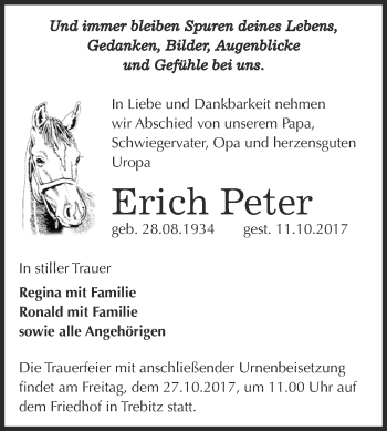 Traueranzeige von Erich Peter von Super Sonntag Bernburg