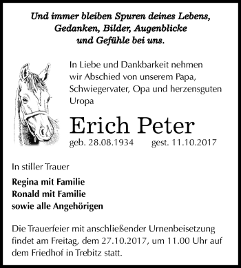 Traueranzeige von Erich Peter von Mitteldeutsche Zeitung Bernburg