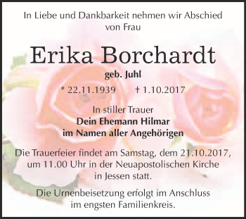 Traueranzeige von Erika Borchardt von Super Sonntag Wittenberg