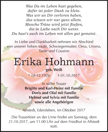 Traueranzeige von Erika Hohmann von Mitteldeutsche Zeitung Sangerhausen