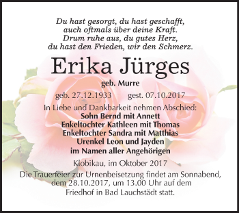 Traueranzeige von Erika Jürges von Mitteldeutsche Zeitung Merseburg/Querfurt