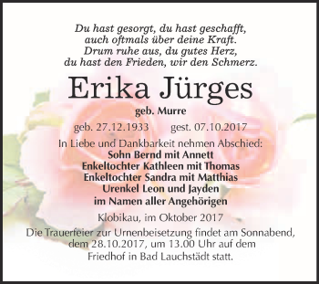 Traueranzeige von Erika Jürges von WVG - Wochenspiegel Merseburg