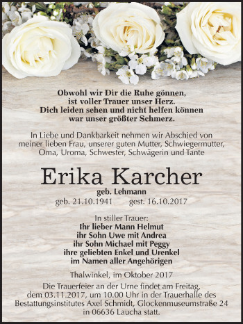 Traueranzeige von Erika Karcher von Mitteldeutsche Zeitung