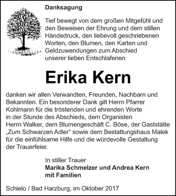 Traueranzeige von Erika Kern von Super Sonntag SGH Mansf. Land