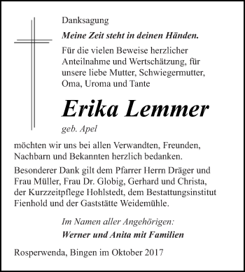 Traueranzeige von Erika Lemmer von Super Sonntag SGH Mansf. Land