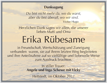 Traueranzeige von Erika Rübesame von Wochenspiegel Mansfelder Land