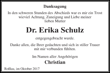 Traueranzeige von Erika Schulz von WVG - Wochenspiegel Dessau / Köthen