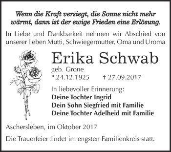 Traueranzeige von Erika Schwab von Super Sonntag Aschersleben
