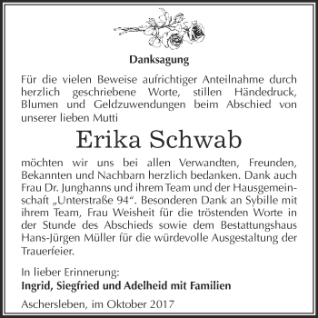 Traueranzeige von Erika Schwab von Super Sonntag Aschersleben