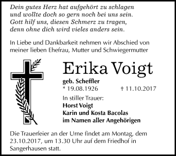 Traueranzeige von Erika Voigt von Mitteldeutsche Zeitung Sangerhausen