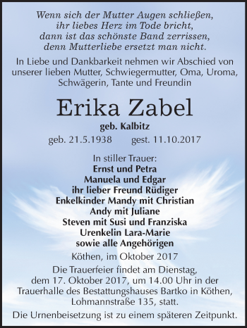 Traueranzeige von Erika Zabel von Mitteldeutsche Zeitung