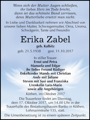 Traueranzeige von Erika Zabel von WVG - Wochenspiegel Dessau / Köthen