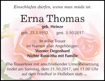 Traueranzeige von Erna Thomas von Mitteldeutsche Zeitung Halle/Saalkreis