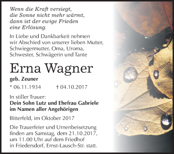 Traueranzeige von Erna Wagner von Mitteldeutsche Zeitung Bitterfeld