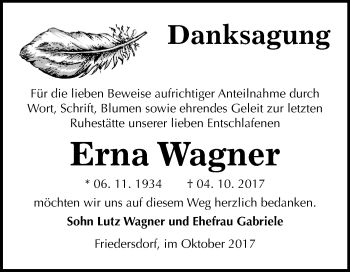 Traueranzeige von Erna Wagner von Mitteldeutsche Zeitung Bitterfeld