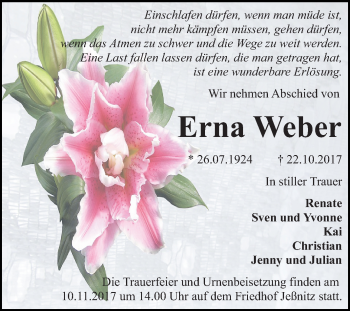 Traueranzeige von Erna Weber von Mitteldeutsche Zeitung Bitterfeld