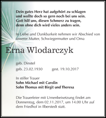 Traueranzeige von Erna Wlodarczyk von Mitteldeutsche Zeitung Bernburg