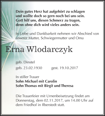 Traueranzeige von Erna Wlodarczyk von Super Sonntag Bernburg
