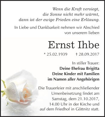 Traueranzeige von Ernst Ihbe von WVG - Wochenspiegel Bitterfeld
