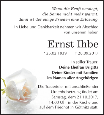 Traueranzeige von Ernst Ihbe von Mitteldeutsche Zeitung Bitterfeld