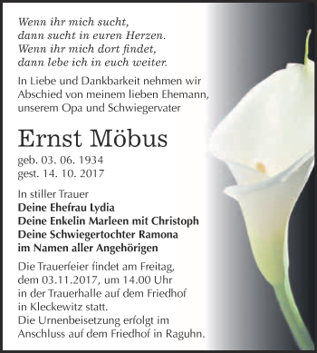 Traueranzeige von Ernst Möbus von WVG - Wochenspiegel Bitterfeld