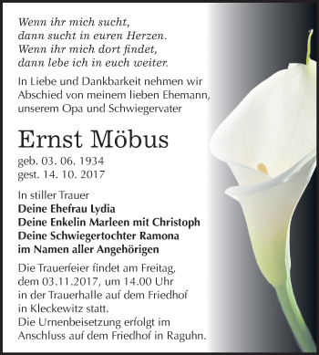 Traueranzeige von Ernst Möbus von Mitteldeutsche Zeitung Bitterfeld