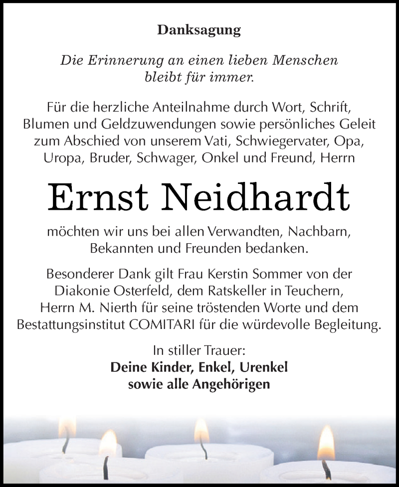  Traueranzeige für Ernst Neidhardt vom 25.10.2017 aus WVG - Wochenspiegel NMB / WSF / ZTZ