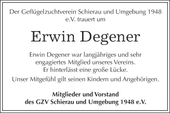 Traueranzeige von Erwin Degener von WVG - Wochenspiegel Bitterfeld