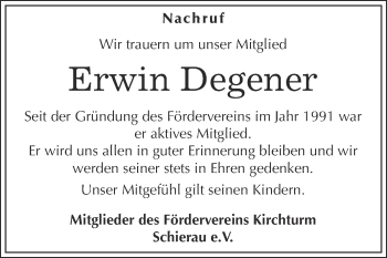 Traueranzeige von Erwin Degener von WVG - Wochenspiegel Bitterfeld