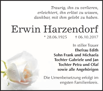 Traueranzeige von Erwin Harzendorf von WVG - Wochenspiegel Bitterfeld