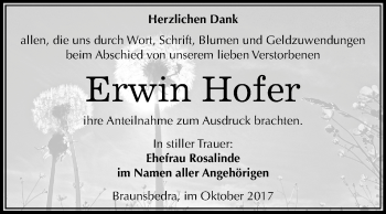 Traueranzeige von Erwin Hofer von Mitteldeutsche Zeitung Merseburg/Querfurt