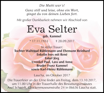 Traueranzeige von Eva Selter von Mitteldeutsche Zeitung