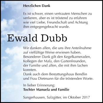 Traueranzeige von Ewald Dubb von Super Sonntag SGH Mansf. Land