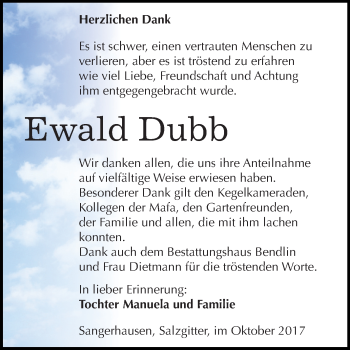 Traueranzeige von Ewald Dubb von Mitteldeutsche Zeitung