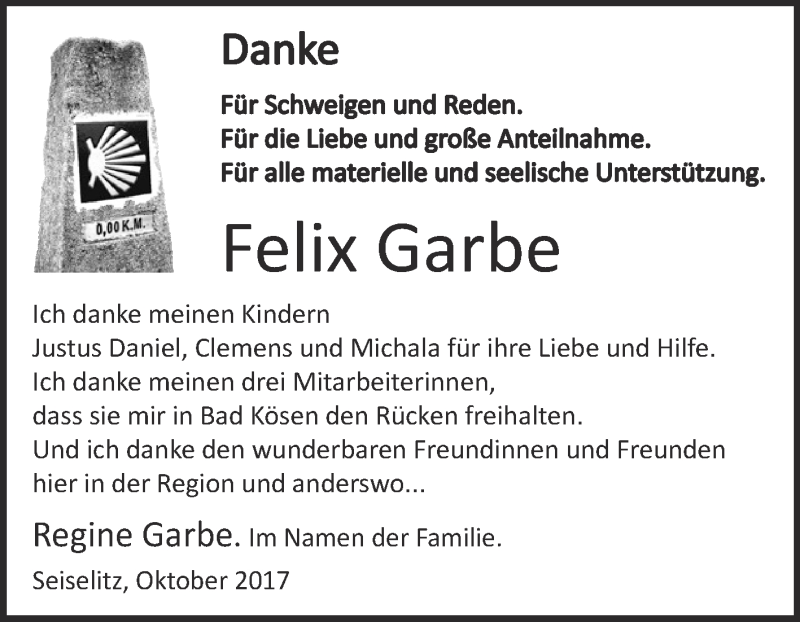  Traueranzeige für Felix Garbe vom 25.10.2017 aus WVG - Wochenspiegel NMB / WSF / ZTZ