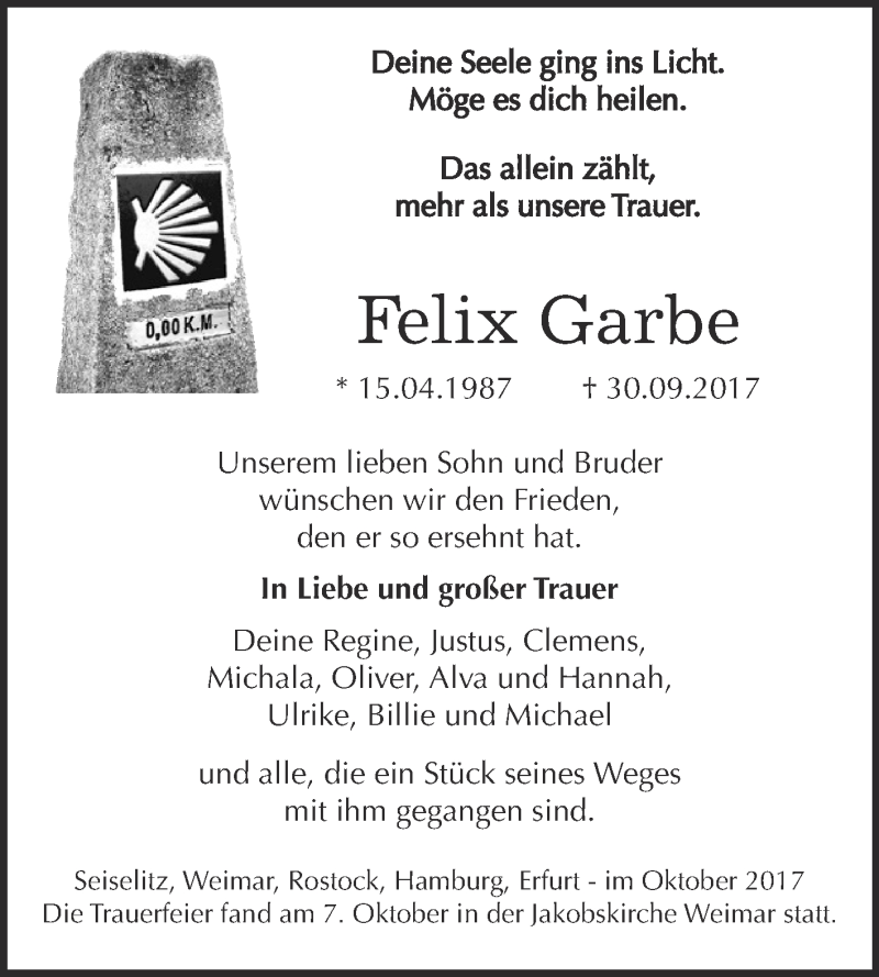  Traueranzeige für Felix Garbe vom 18.10.2017 aus WVG - Wochenspiegel NMB / WSF / ZTZ