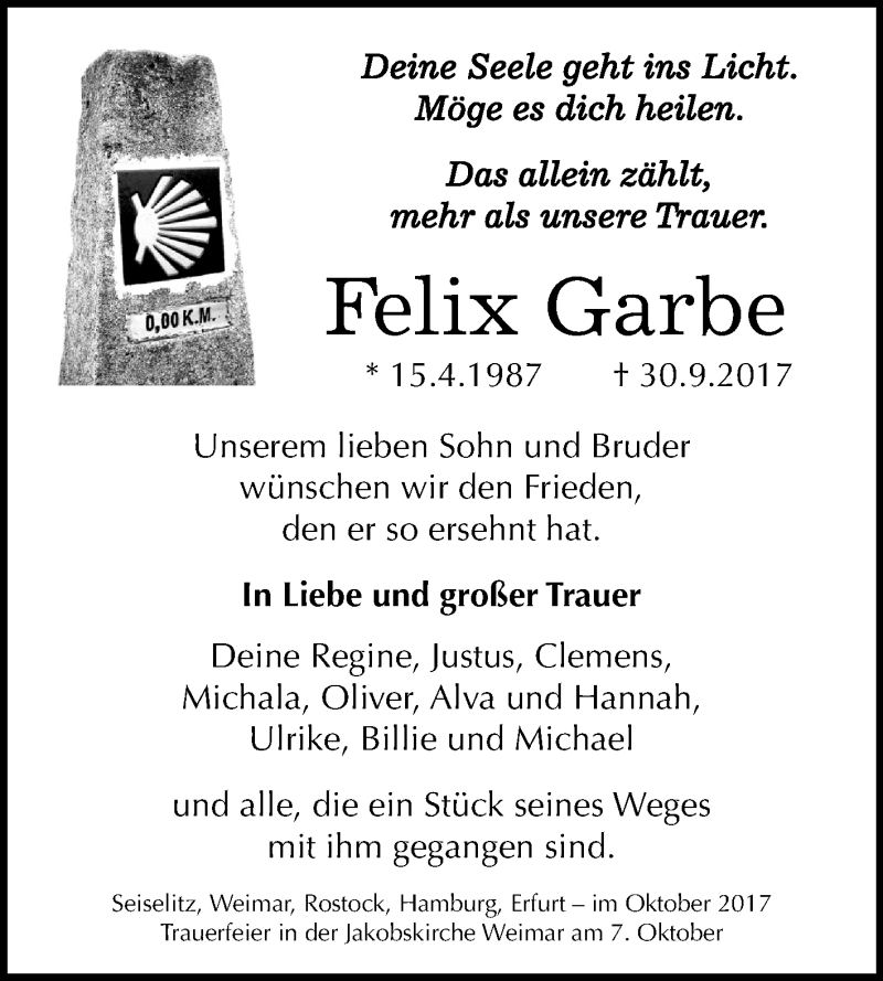  Traueranzeige für Felix Garbe vom 07.10.2017 aus Mitteldeutsche Zeitung