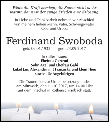 Traueranzeige von Ferdinand Swoboda von Super Sonntag SGH Mansf. Land