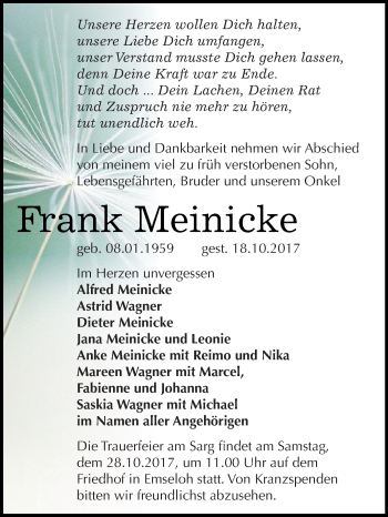 Traueranzeige von Frank Meinicke von WVG - Wochenspiegel SGH